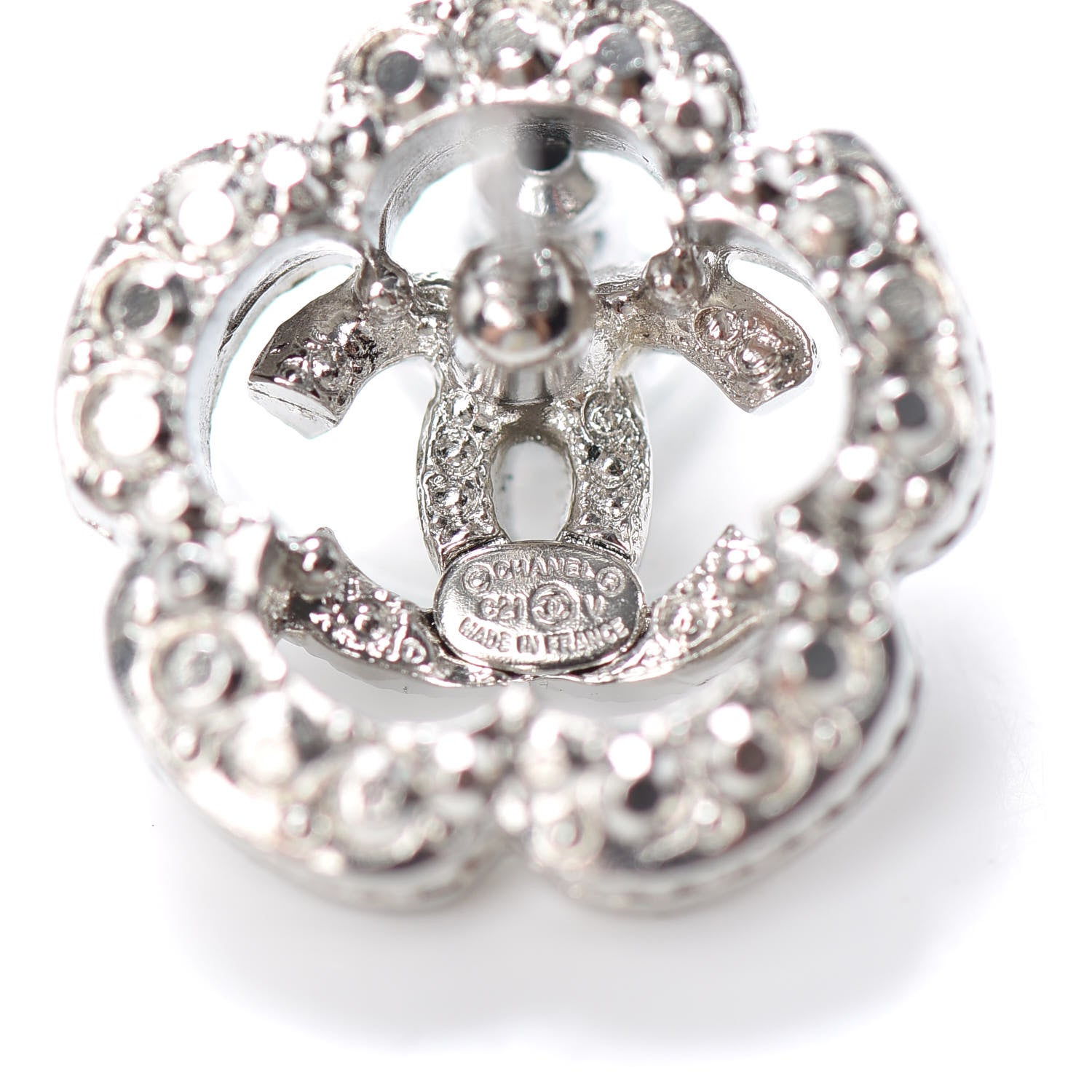 Chanel Crystal Coco Flapper Camellia CC Stud Earrings Silver 4 of 4