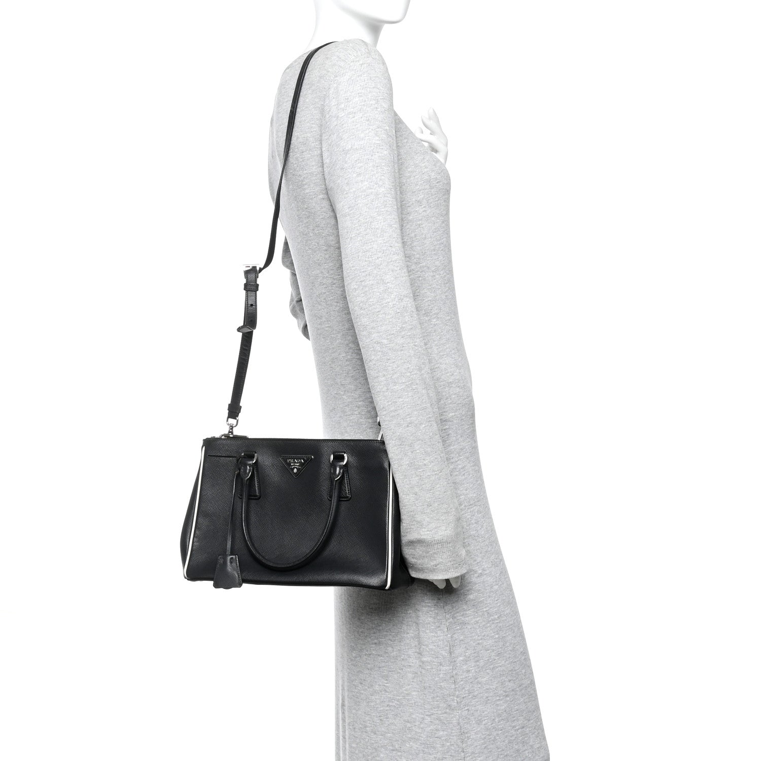 Prada Saffiano Small Galleria Double Zip Tote Black Talco 2 of 10