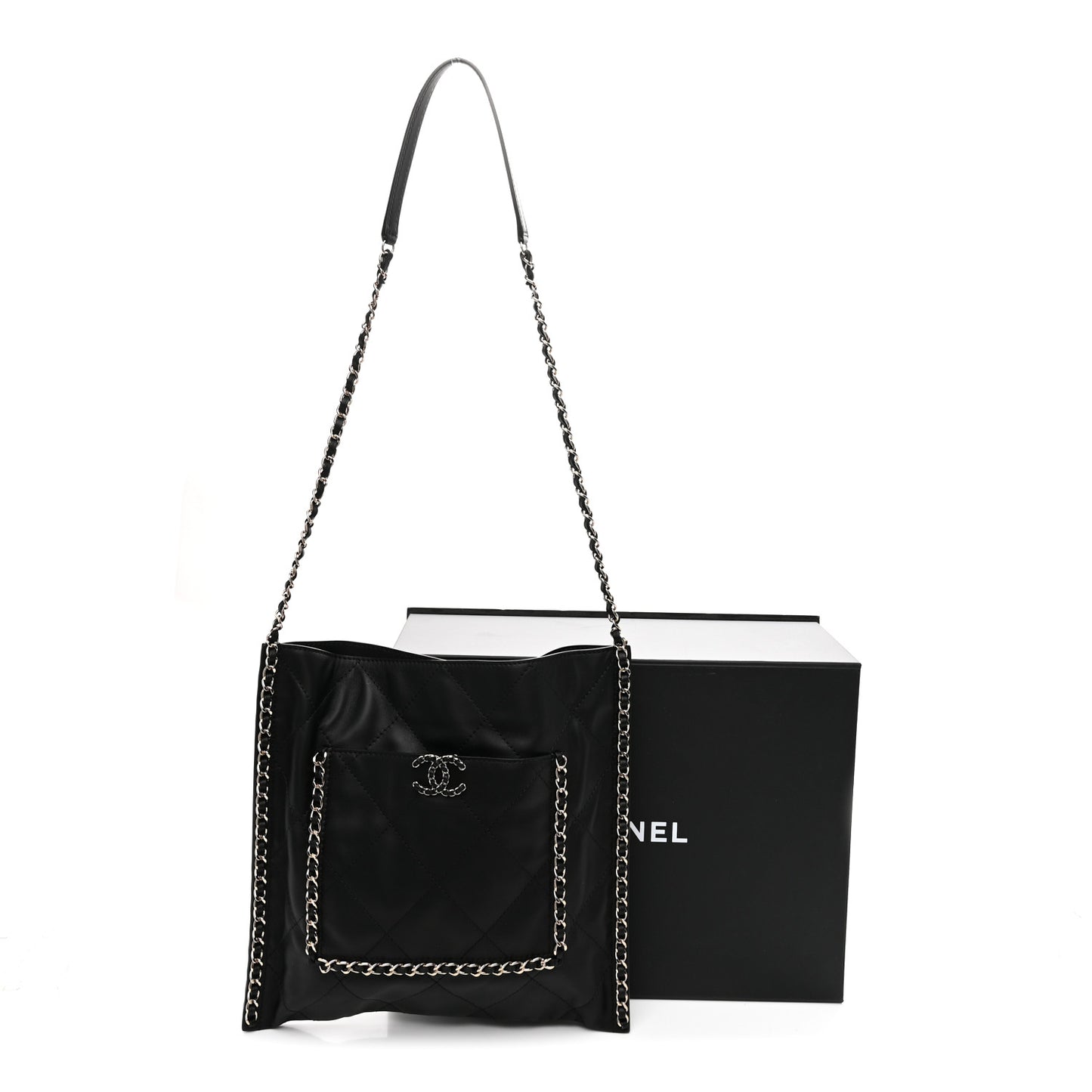 Calfskin Quilted Chain Flat Tote Black