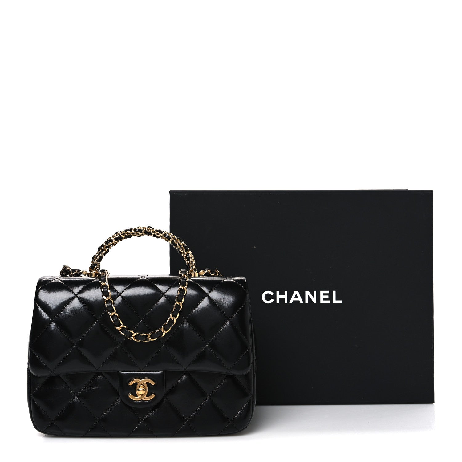 CHANEL ブラック キルティングハンドバッグ Chanel Shiny Lambskin Quilted Twisted Links Top Handle Flap Black