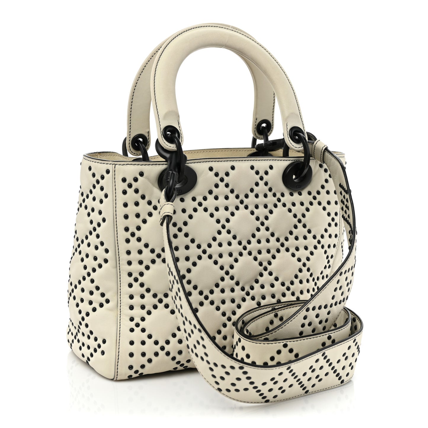 Lambskin Cannage Studded Medium Supple Lady Dior White Black