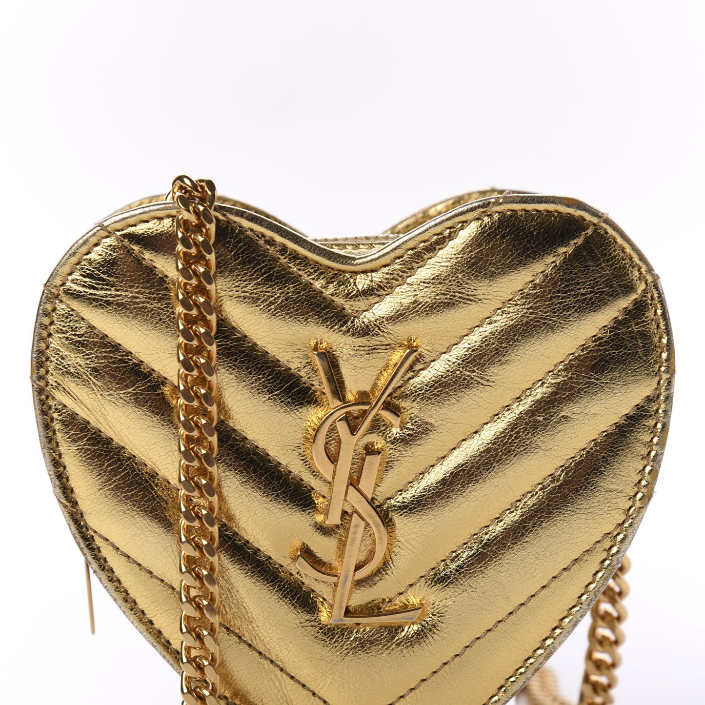 Metallic Calfskin Matelasse Chevron Monogram Small Love Heart Chain Bag Gold