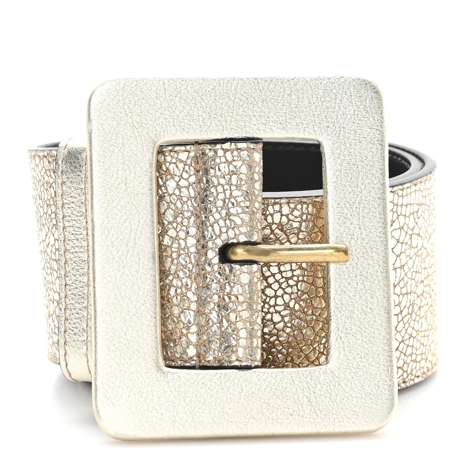 Saint Laurent Metallic Calfskin Square Buckle Wide Belt 65 26 Gold 1 of 4