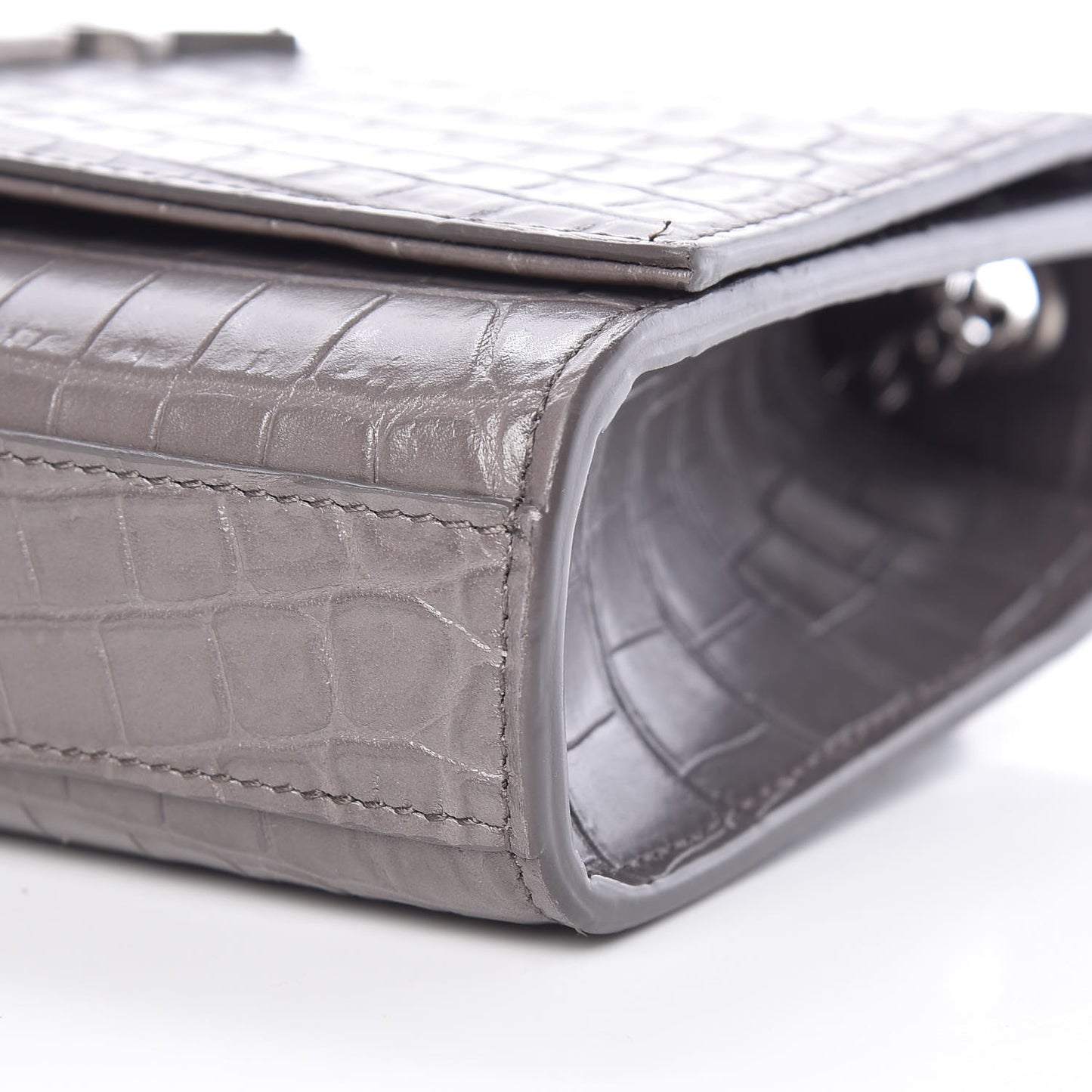 Calfskin Crocodile Embossed Small Classic Monogram Kate Tassel Satchel Fog