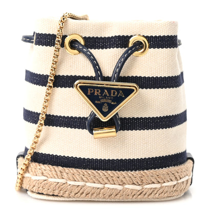 Prada Canvas Stripe Metal Triangle Logo Mini Drawcord Pouch Shoulder Bag Avorio Blue 1 of 10