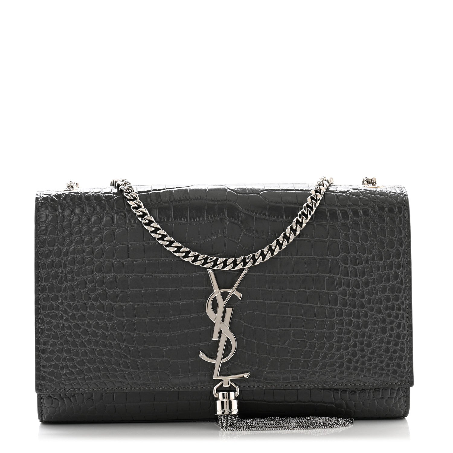 Saint Laurent Calfskin Crocodile Embossed Medium Classic Monogram Kate Tassel Satchel Storm 1 of 12