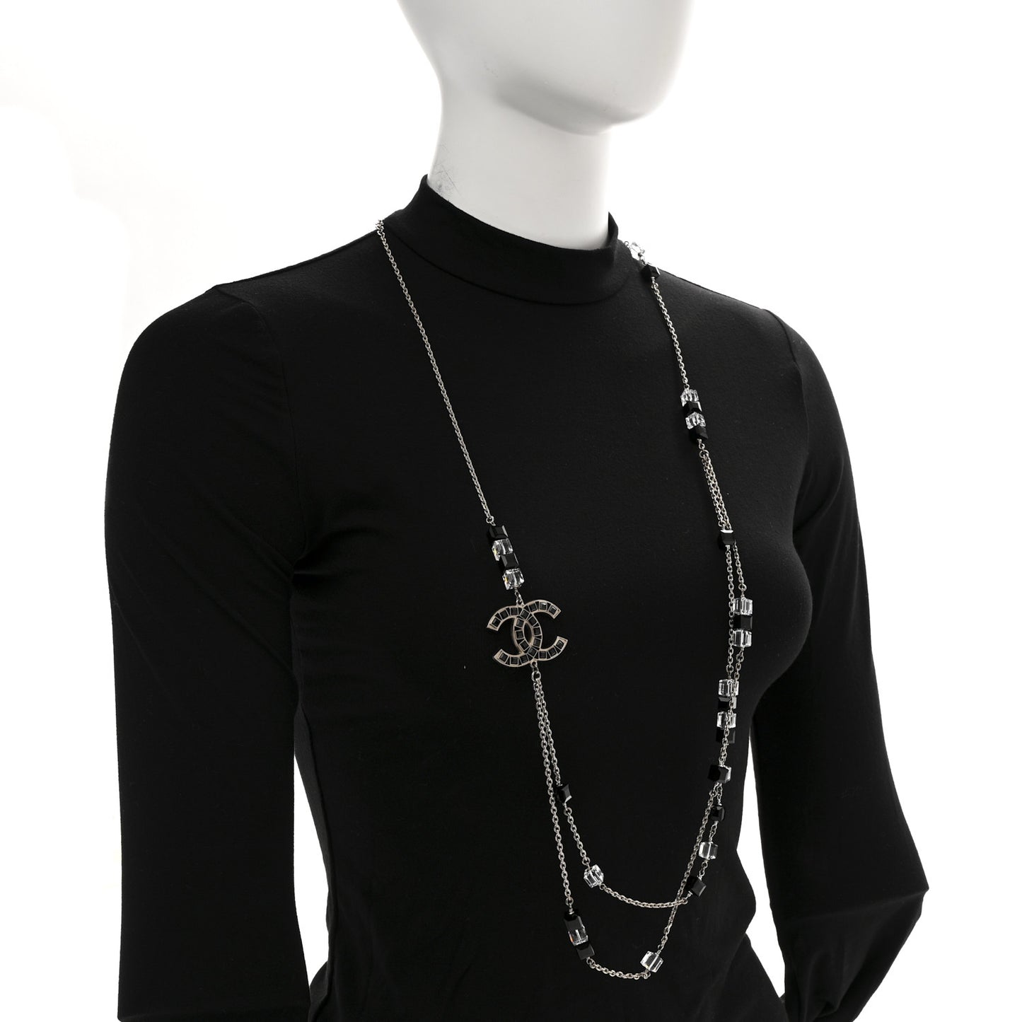 Crystal Bead CC Long Necklace Silver Black Transparent