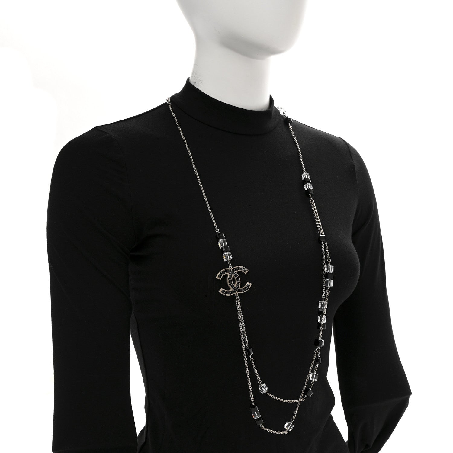Chanel Crystal Bead CC Long Necklace Silver Black Transparent 2 of 6