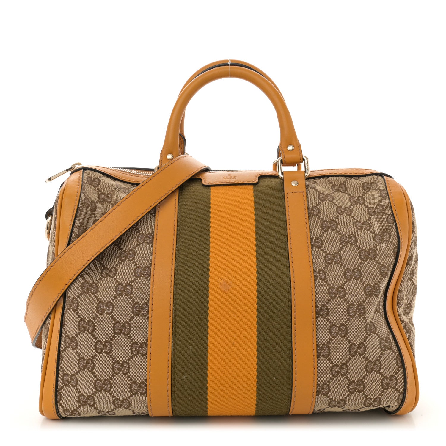 Gucci Monogram Selleria Calfskin Vintage Web Medium Boston Beige Ebony Yellow 1 of 15