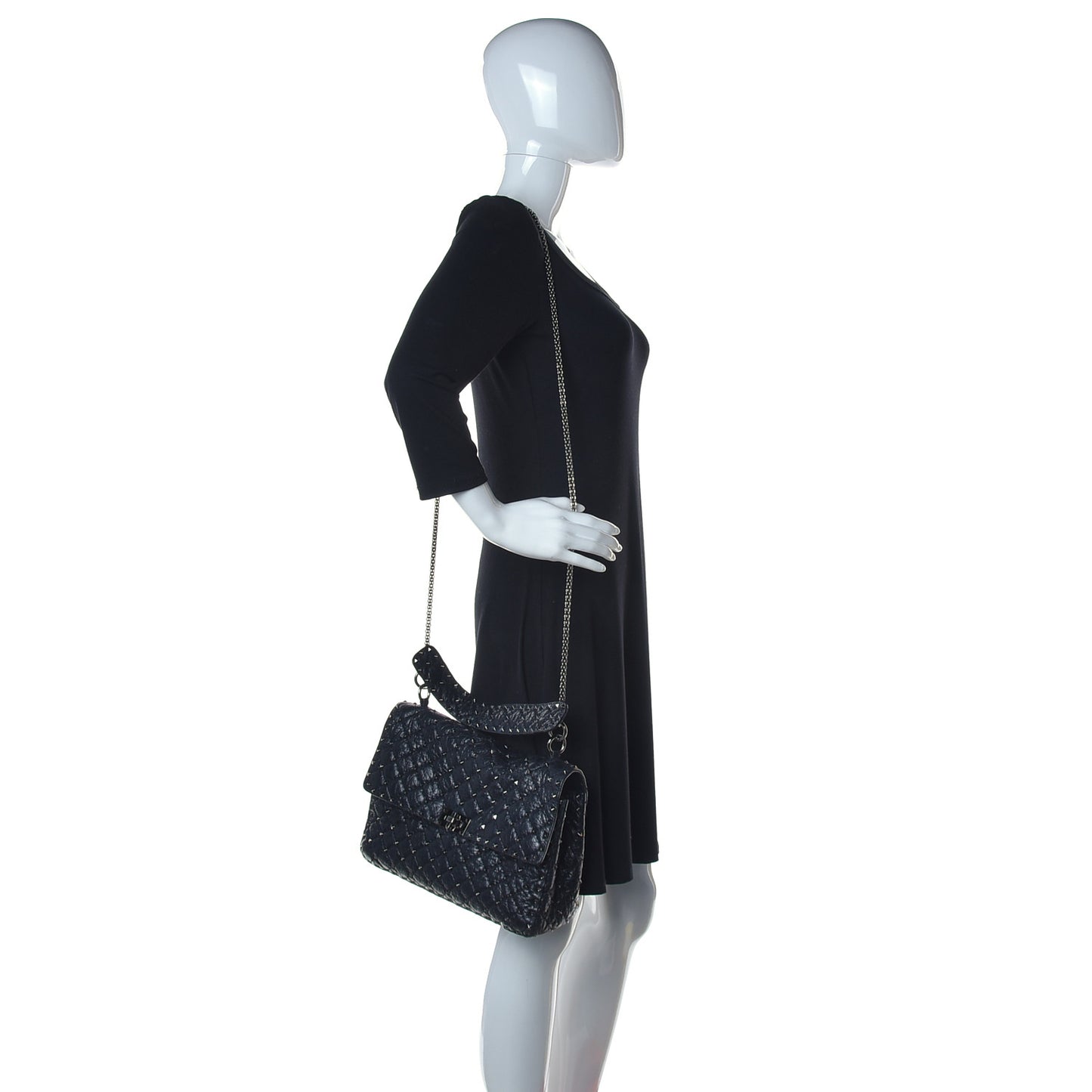 Craquele Nappa Large Rockstud Spike Shoulder Bag Black