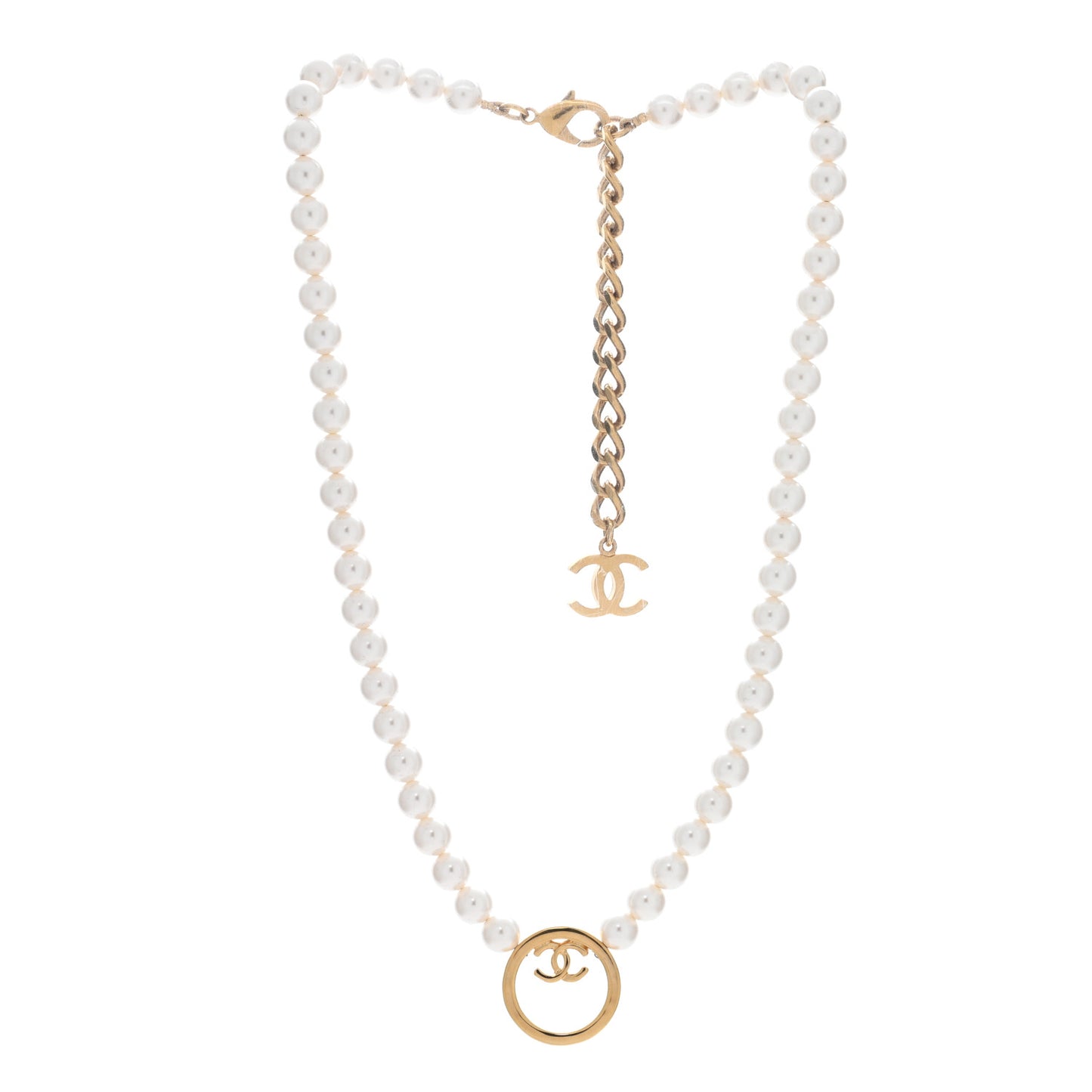 Pearl CC Round Long Necklace Gold White