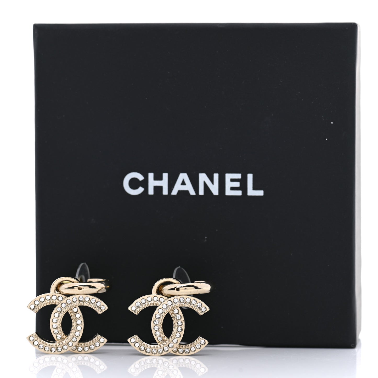Metal Crystal Studded CC Hoop Drop Earrings Gold