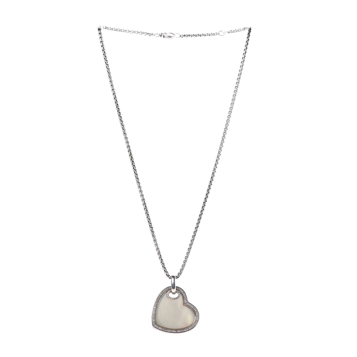 David Yurman Sterling Silver Diamond Mother of Pearl Heart Pendant Necklace 3 of 6