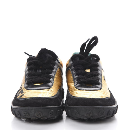 Chanel Metallic Fabric Calfskin Suede Crocodile Embossed CC Sneakers 36.5 Black Gold 2 of 9