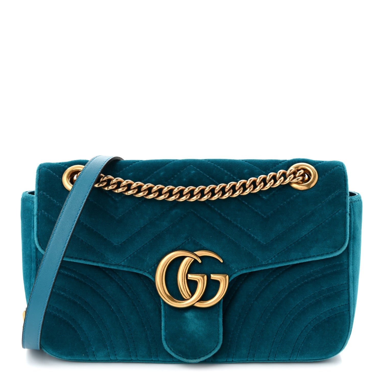 Gucci Velvet Matelasse Small GG Marmont Shoulder Bag Pavone Cyan 1 of 10