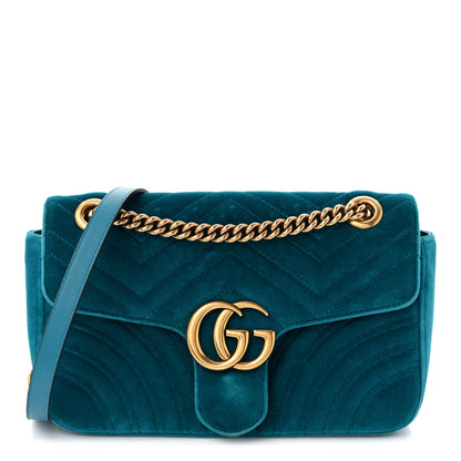 Gucci Velvet Matelasse Small GG Marmont Shoulder Bag Pavone Cyan 1 of 10