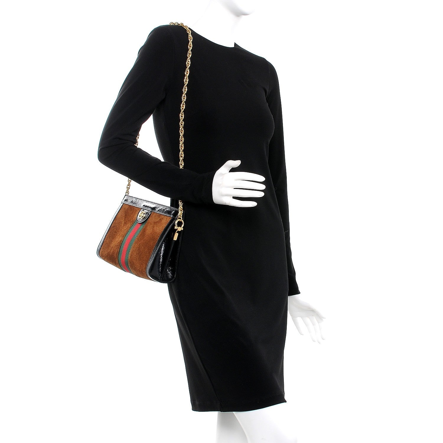 Gucci Suede Patent Web Small Ophidia Chain Shoulder Bag Nocciola Black 2 of 8