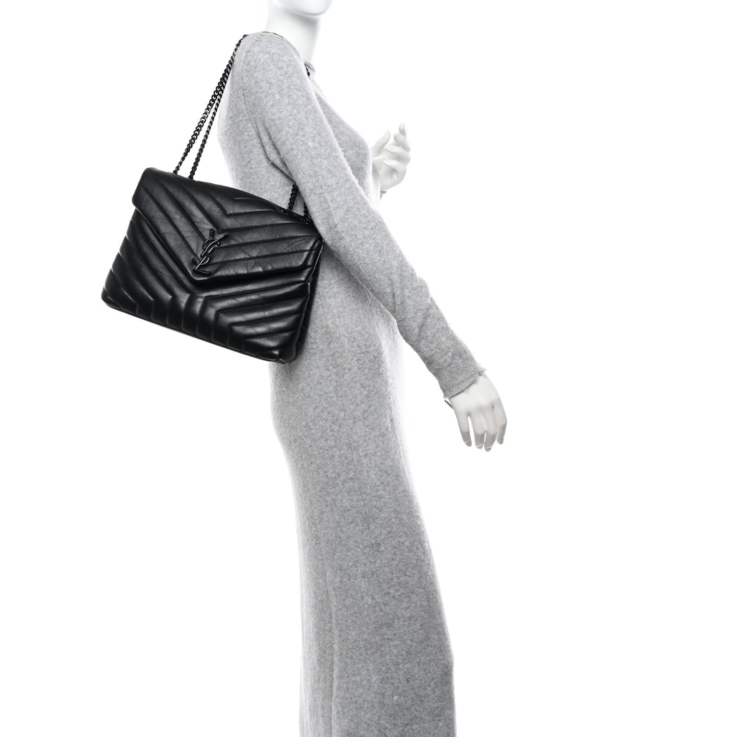 Calfskin Y Quilted Monogram Monochrome Medium Loulou Chain Satchel Black