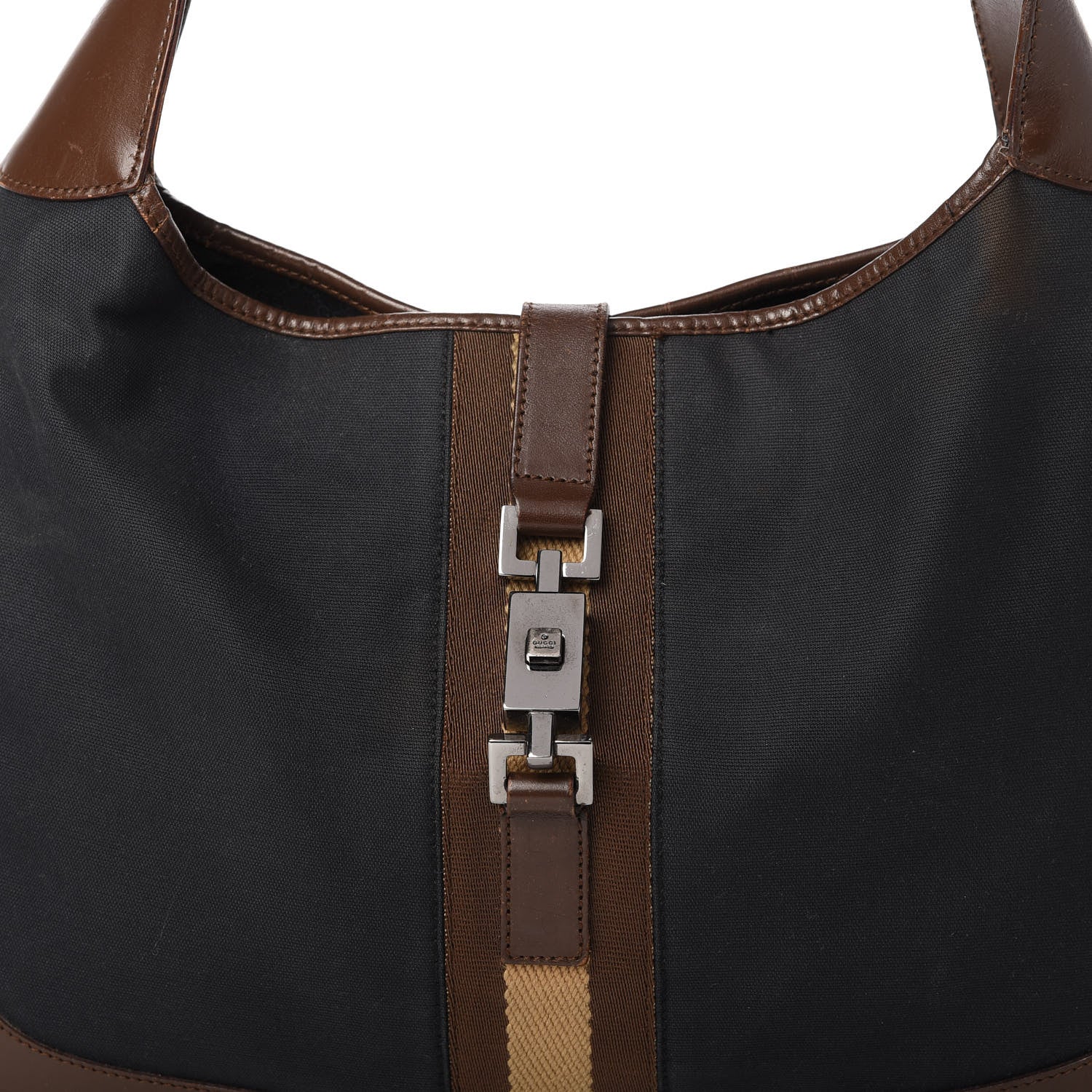 Gucci Canvas Calfskin Jackie O Hobo Navy Brown 10 of 14