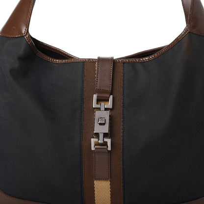 Gucci Canvas Calfskin Jackie O Hobo Navy Brown 10 of 14