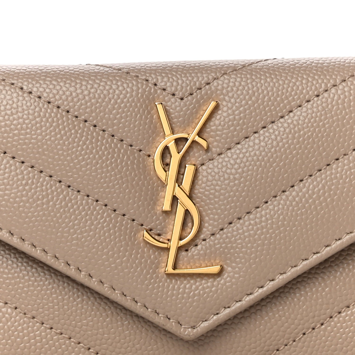 Saint Laurent Grain De Poudre Matelasse Chevron Monogram Compact Wallet Case Dark Beige 7 of 9