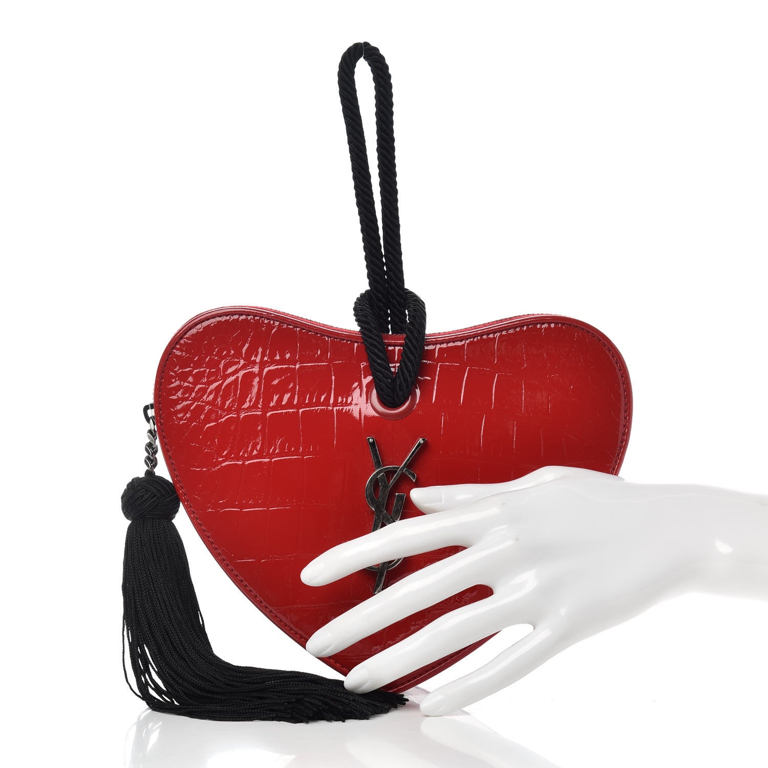 Saint Laurent Patent Crocodile Embossed Sac Coeur Heart Shaped Clutch Red 2 of 6