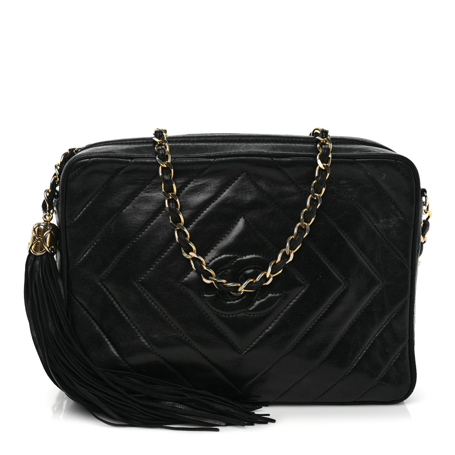 Lambskin Chevron Quilted Tassel Camera Case Black