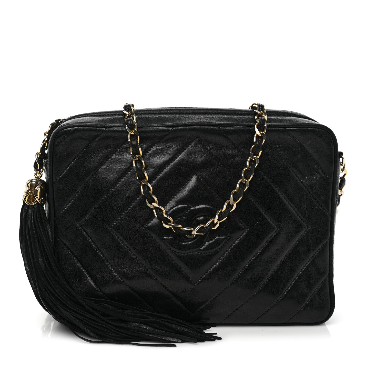 Chanel Lambskin Chevron Quilted Tassel Camera Case Black 1 of 7