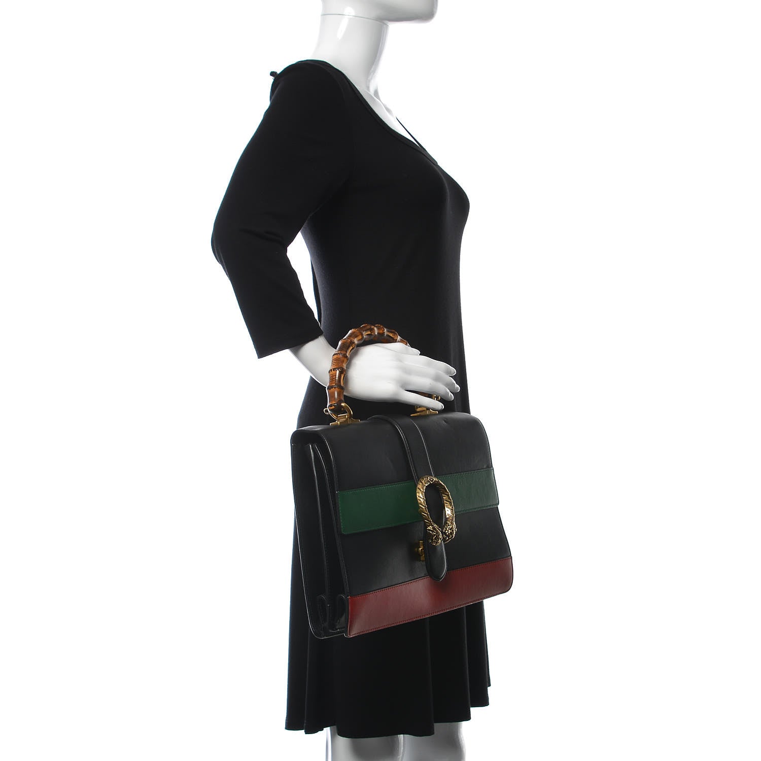 Gucci Calfskin Bamboo Web Large Dionysus Top Handle Bag Black Bright Evergreen Hibiscus Red 3 of 11