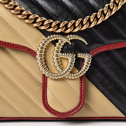 Gucci Vintage Effect Calfskin Matelasse Diagonal Striped Small Torchon GG Marmont Shoulder Bag Black Beige 10 of 10