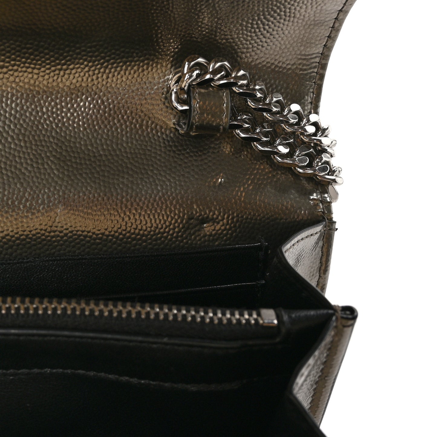 Metallic Grain De Poudre Matelasse Chevron Monogram Envelope Chain Wallet Piombo