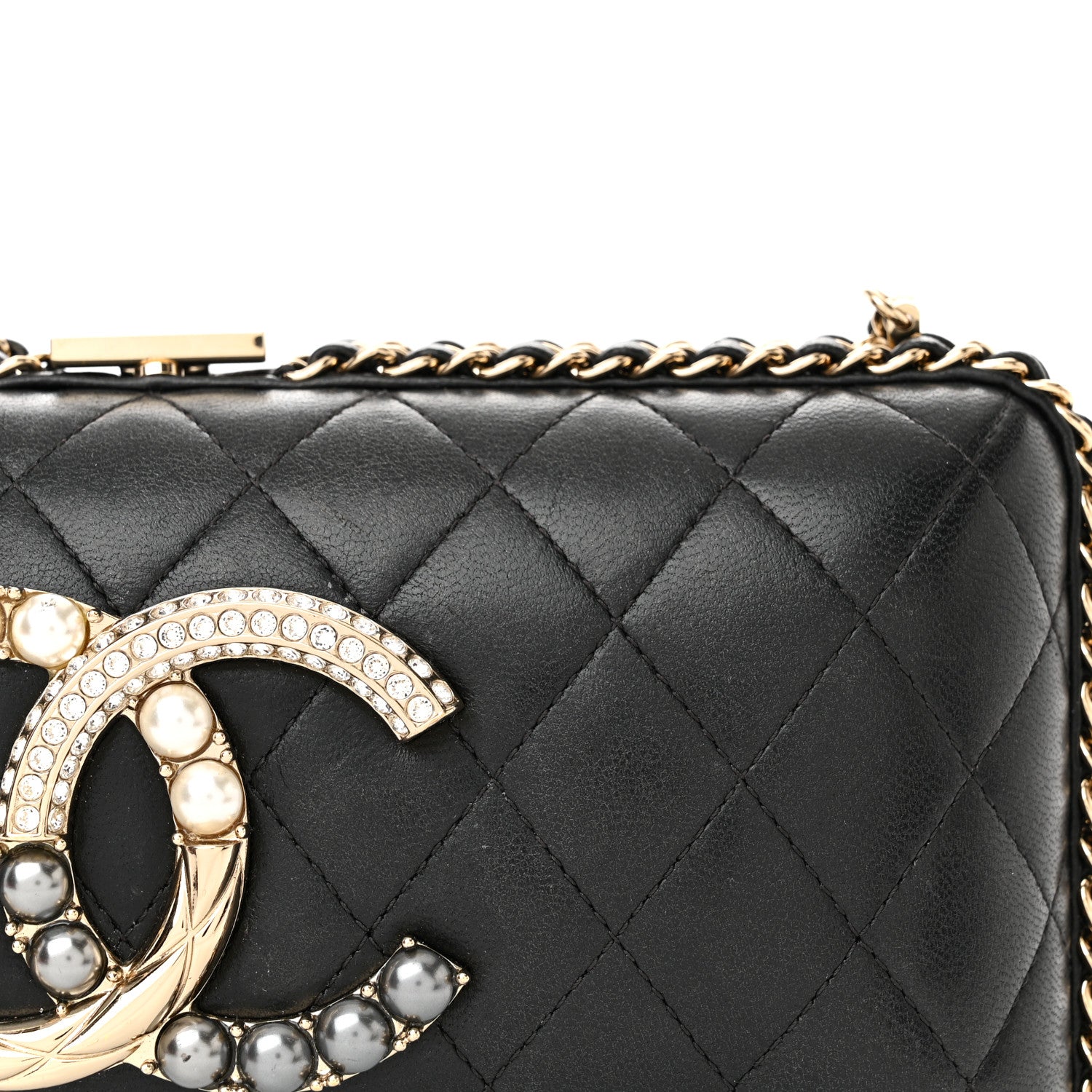 Chanel Lambskin Quilted Pearl Crystal Chain Around Clutch Black 14 of 20