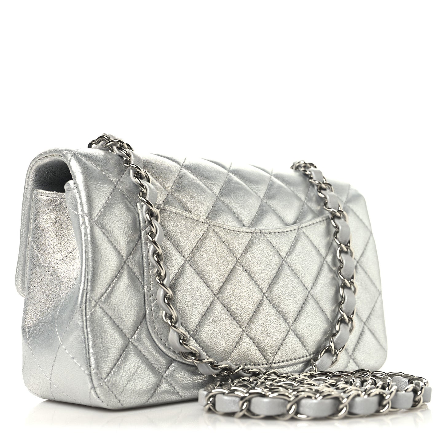 Metallic Lambskin Quilted Mini Rectangular Flap Silver