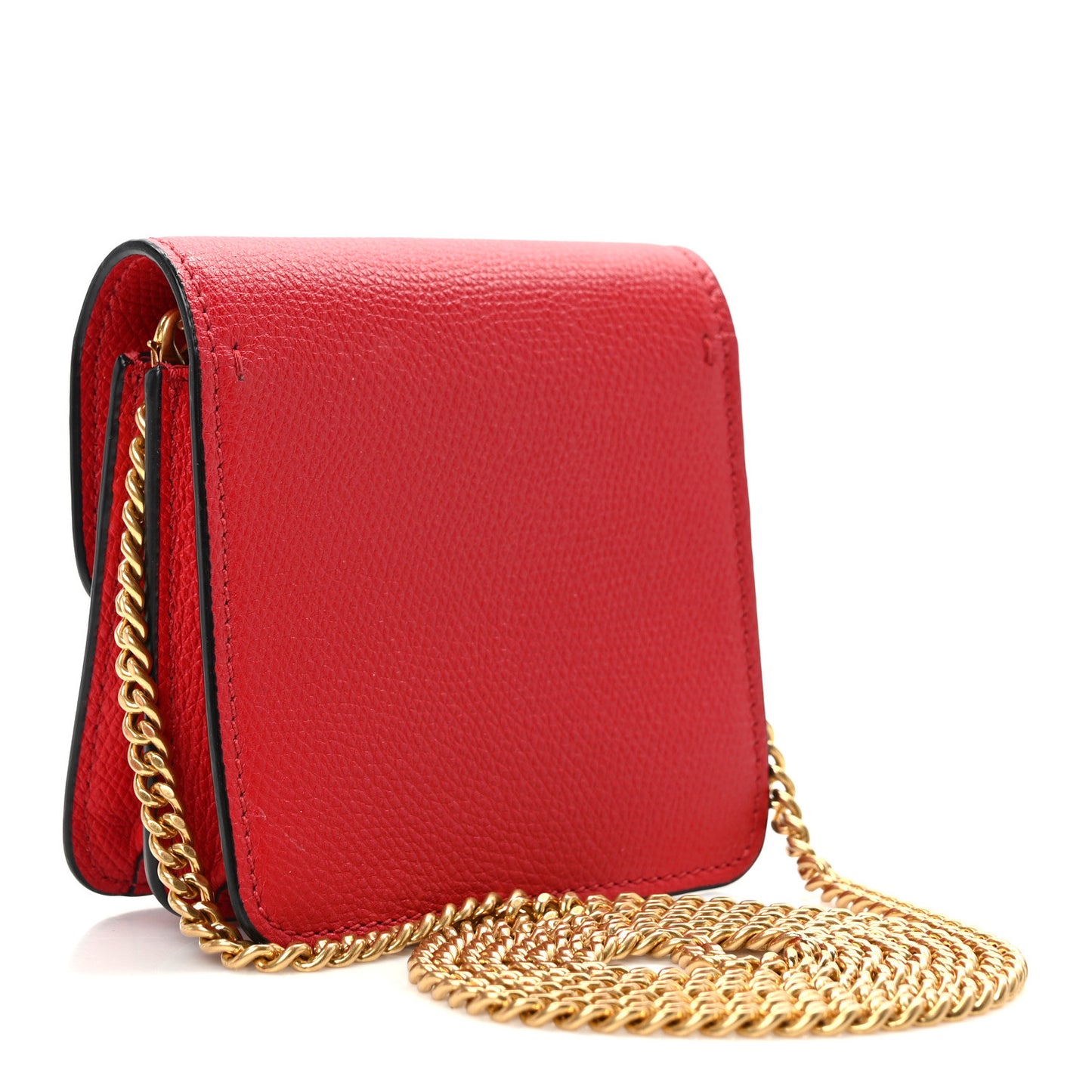 VALENTINO GARAVANI Grainy Calfskin VLogo Compact Wallet with Chain Rouge Pur