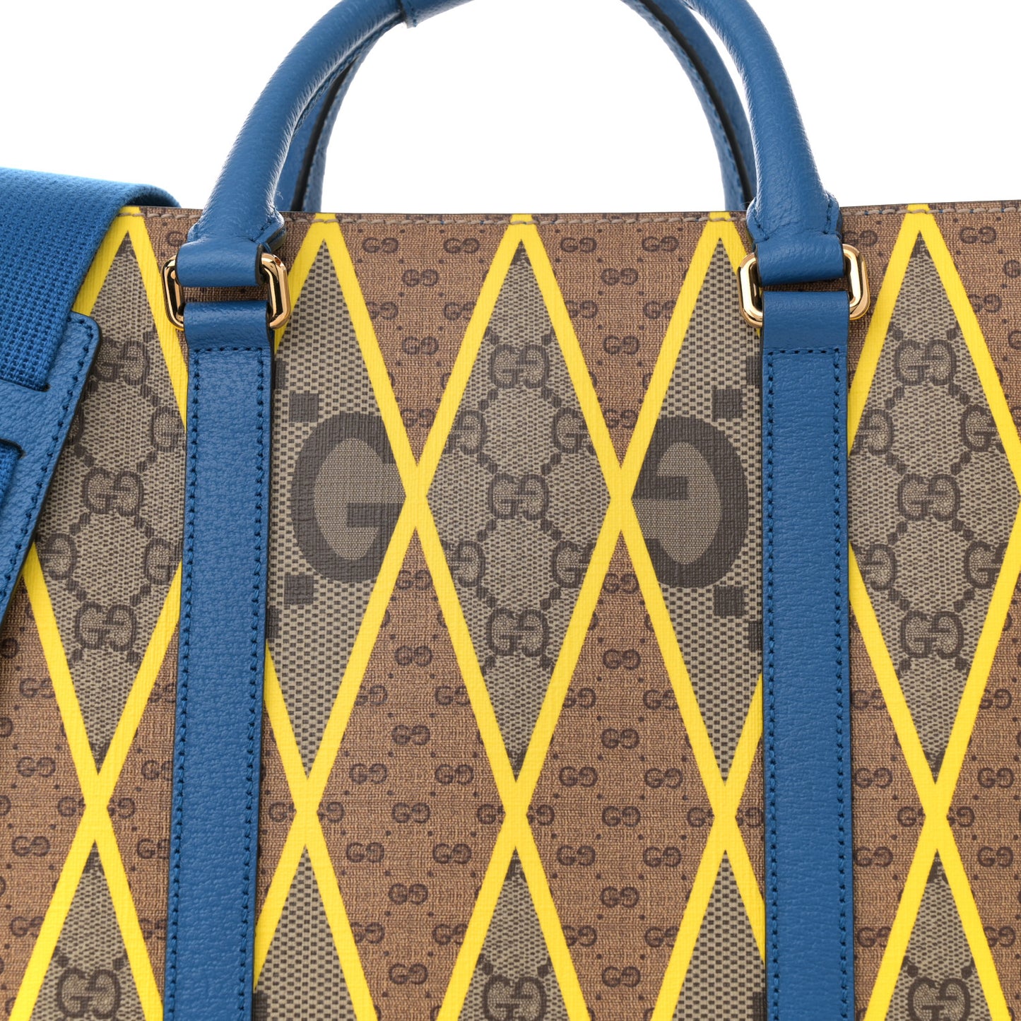 GG Supreme Monogram Mix Textured Dollar Calfskin Rhombus Inlay Large Tote Bag Beige Ebony Harvest Joy Blue