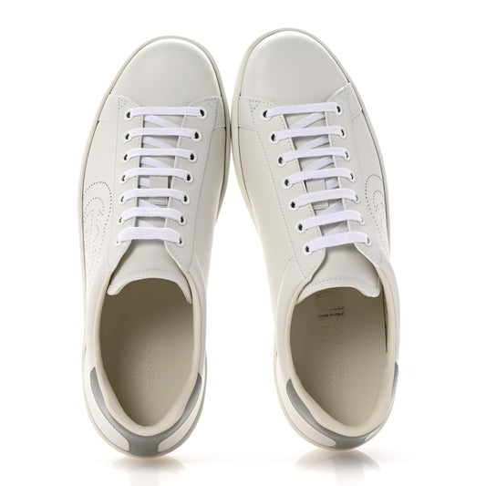 Calfskin Interlocking G Perforated Mens Ace Sneakers 8 White Grey Sky