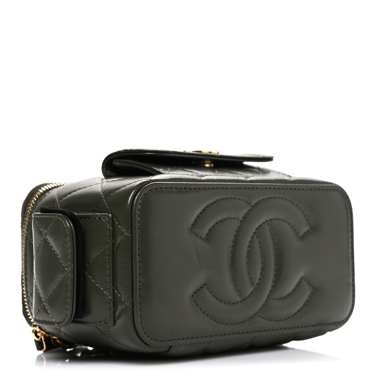 Lambskin Quilted Polly Pocket East West Top Vanity With Chain Khaki