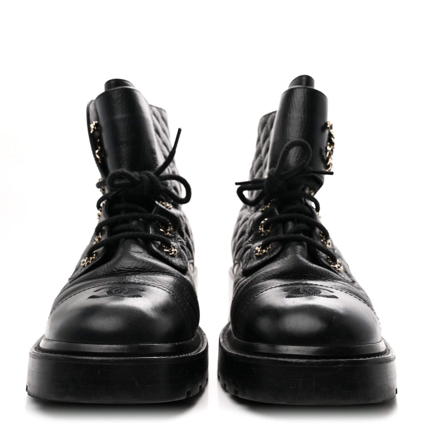 Shiny Lambskin Quilted Lace Up Combat Boots 41 Black