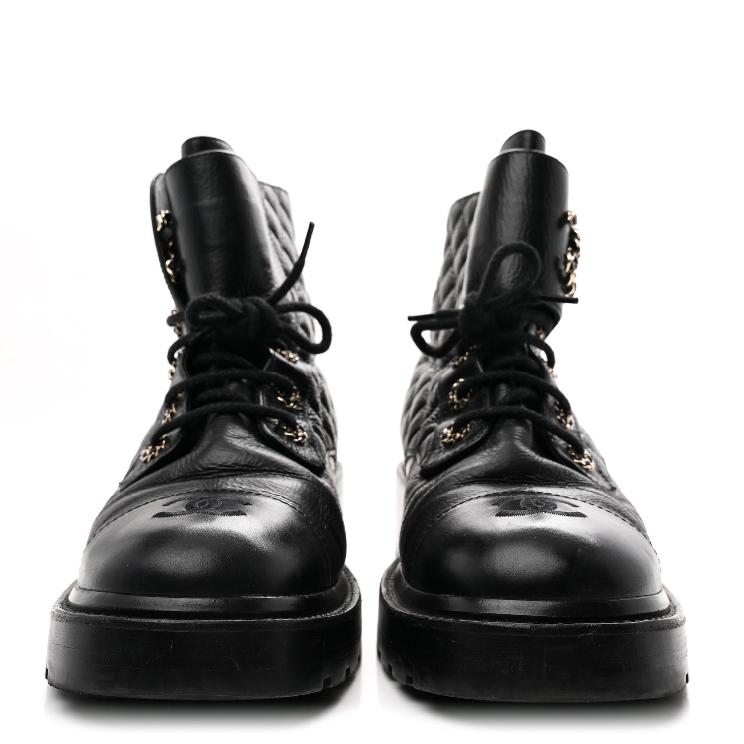 Chanel Shiny Lambskin Quilted Lace Up Combat Boots 41 Black 3 of 9