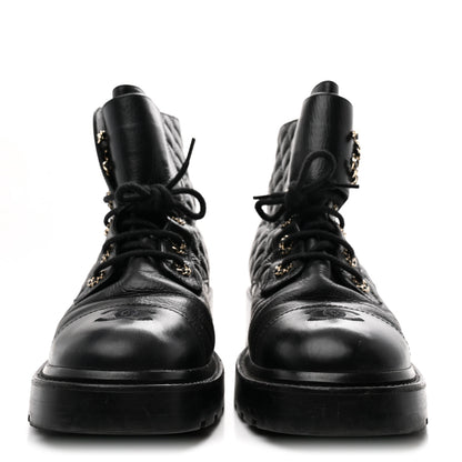 Chanel Shiny Lambskin Quilted Lace Up Combat Boots 41 Black 3 of 9