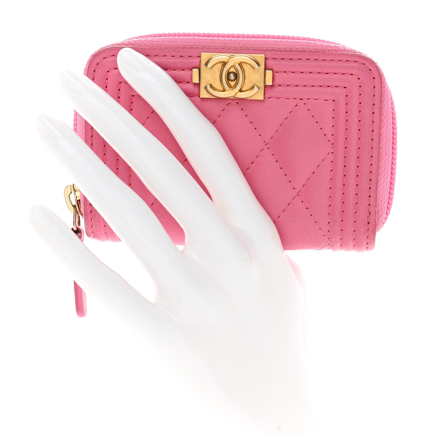 Calfskin Quilted Boy Zip Around Coin Purse Wallet Pink