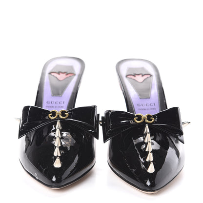 Gucci Patent GG Bow Sadie Spike Mid Heel Mules 38 Black 2 of 7