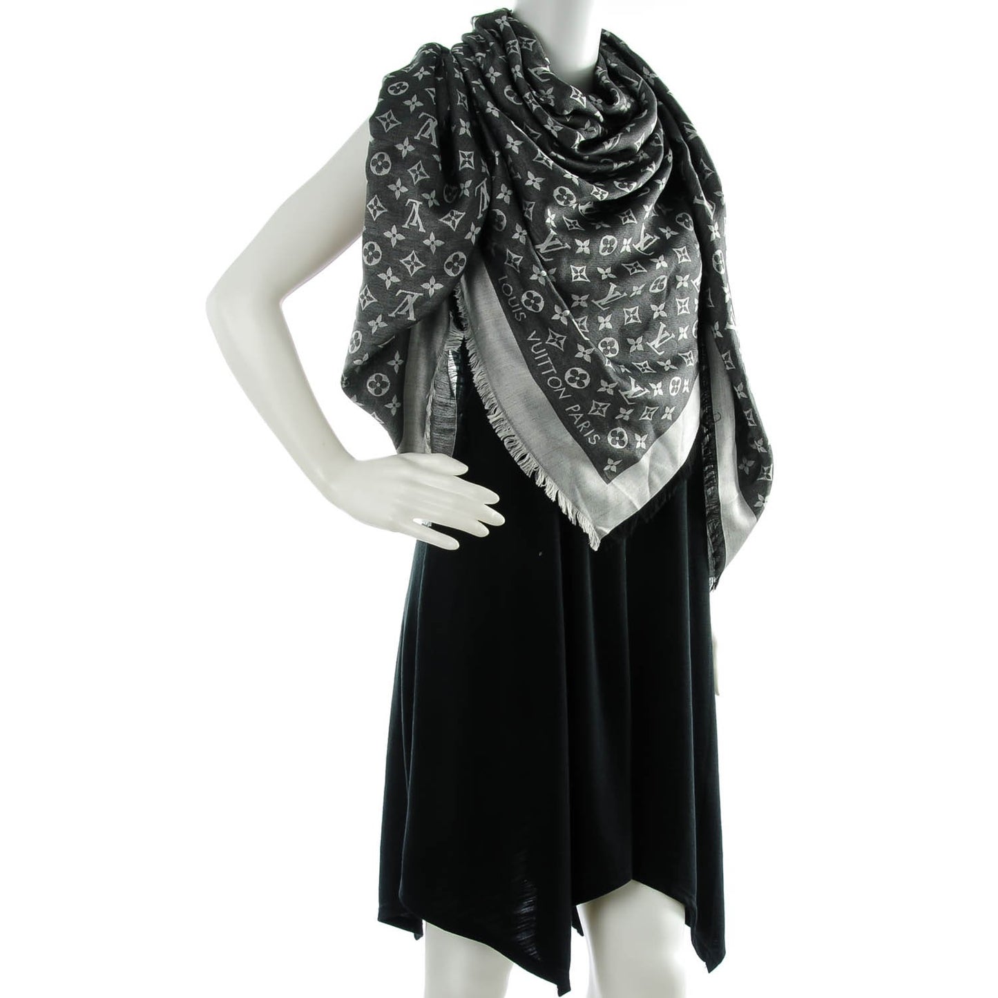 Wool Silk Monogram Denim Shawl Black