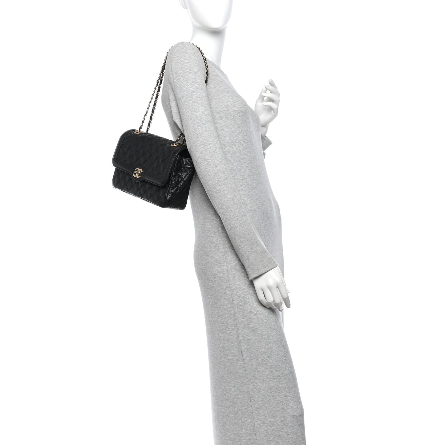Crumpled Grained Calfskin Medium Two Tone Flap Black