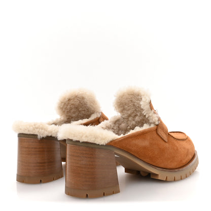 Hermes Suede Goatskin Woolskin Flore 60 Mules 38.5 Brun Amourette Ecru 5 of 10