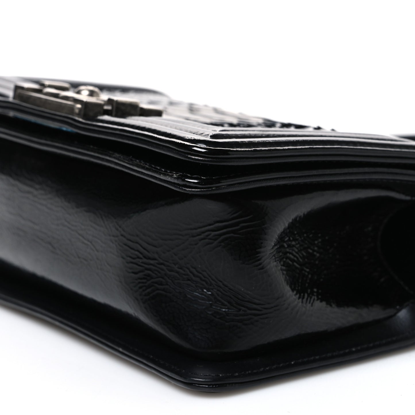 Patent Calfskin Snakeskin Small Boy Flap Black Silver