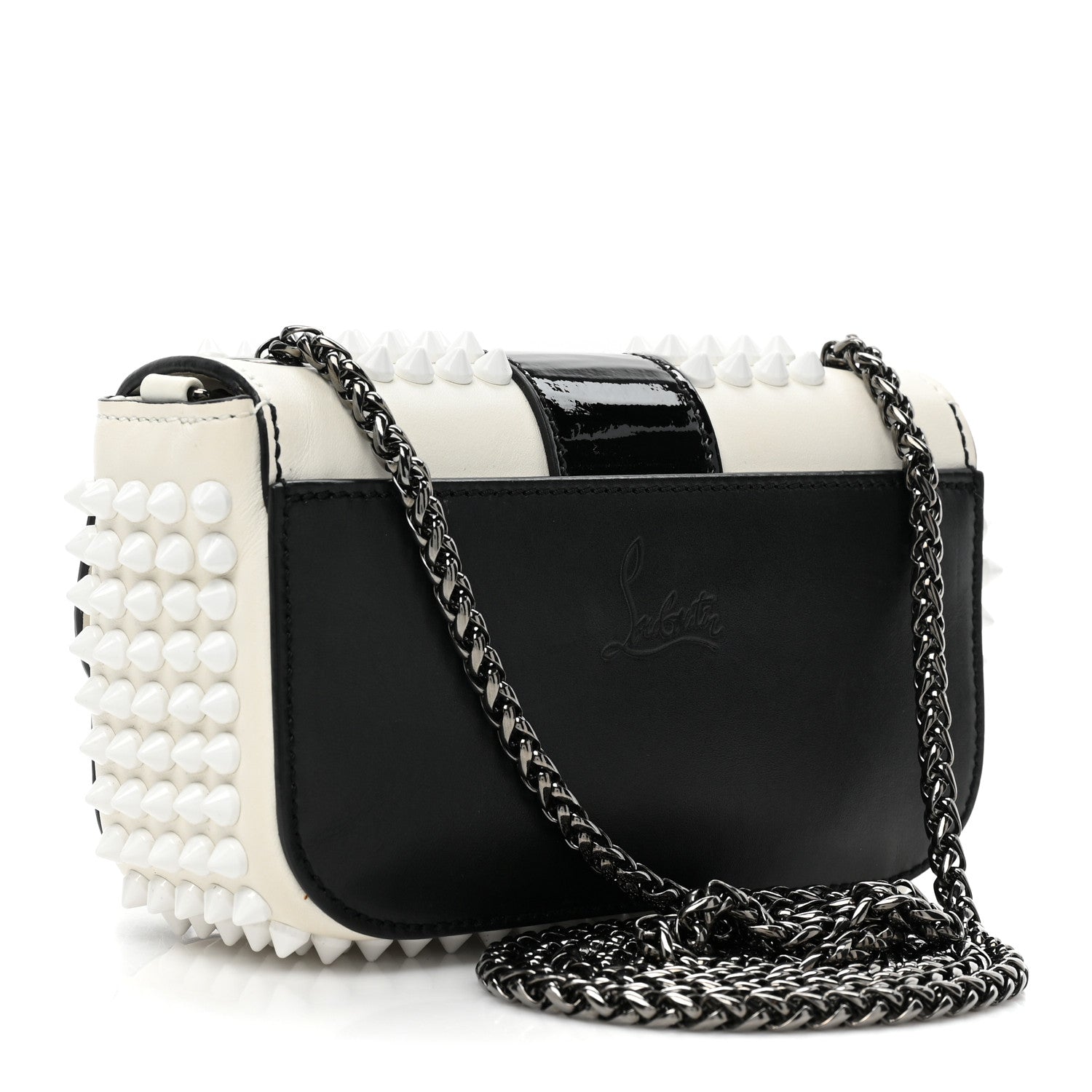 Christian Louboutin Calfskin Spikes Sweety Charity Shoulder Bag White Black 3 of 12