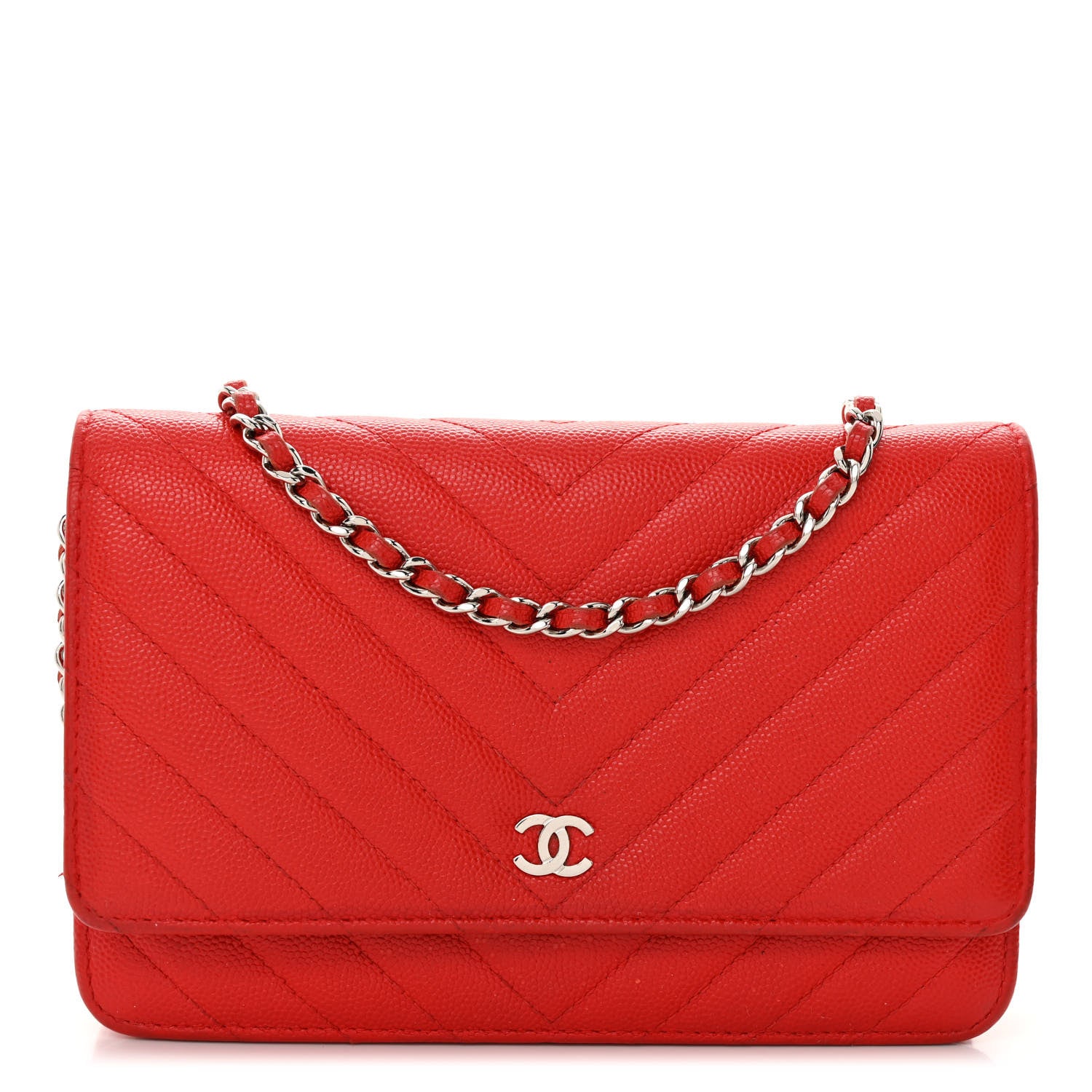 Chanel Caviar Chevron Quilted Wallet On Chain WOC Red 1 of 12