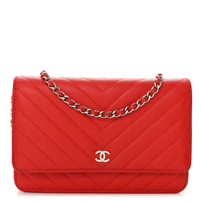 Chanel Caviar Chevron Quilted Wallet On Chain WOC Red 1 of 12