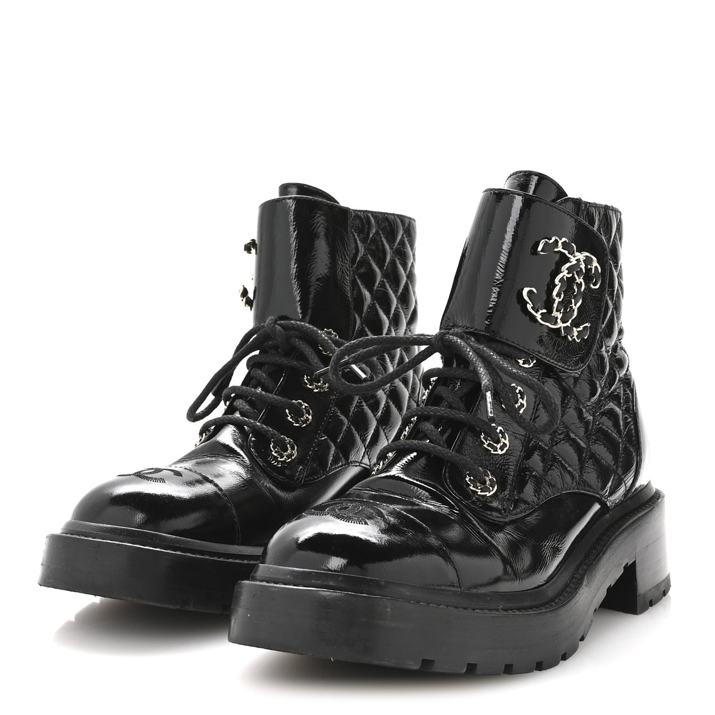 Shiny Calfskin Quilted Lace Up Combat Boots 38 Black